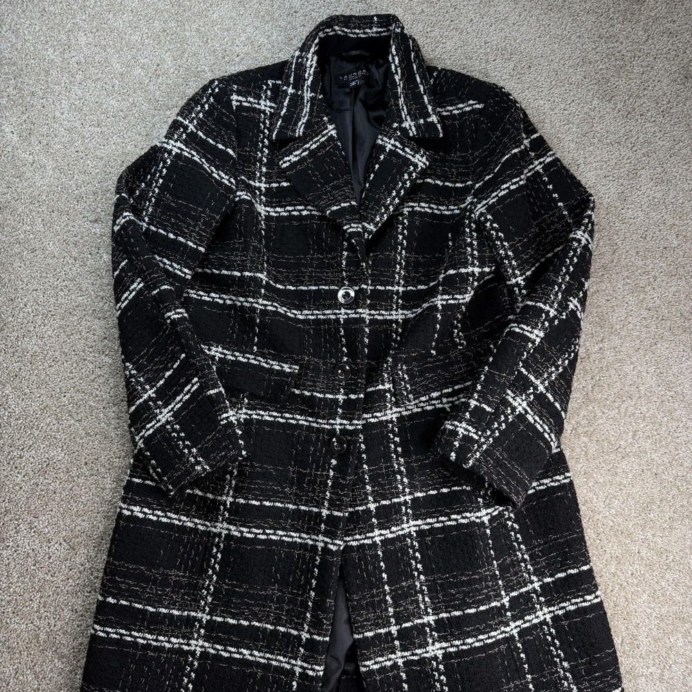 Laundry By Shelli Segal Coat Womens XL Black Tweed Plaid Collared Lined Pockets